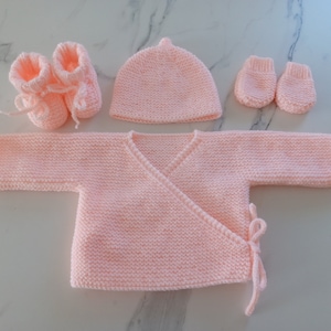 3 or 4 piece set with wrap-over bra, booties, hat, mittens in powder pink, baby girl or boy layette size 0/1 month