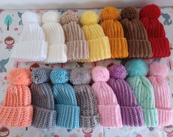 Plain pompom hat for babies and children various colors sizes prema, birth, 1/3, 6/3, 6/12, 12/24 months, 2/5 years and 5/10 years
