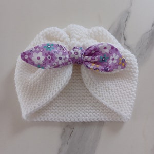 Wool turban hat with bow in baby girl layette fabric, white color, size 0/1 or 3 months