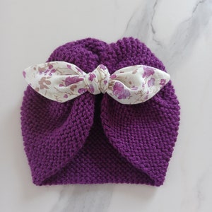 Wool turban hat with bow in baby girl layette fabric, plum color, size 0/1 or 3 months