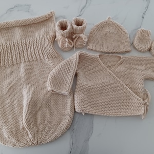 3 or 4 piece set with wrap-over bra, booties, hat, mittens, light beige color, baby girl or boy layette, size 0/1 month