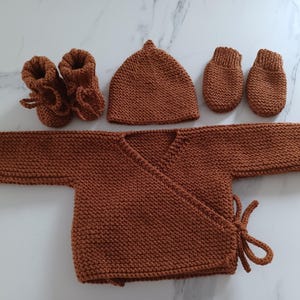 3 or 4 piece set: bra, booties, hat, mittens, baby girl or boy layette, hazelnut brown color, size 0/1 month