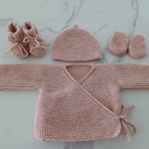 3 or 4 piece set with wrap-over bra, booties, hat, mittens, beige pink color, baby girl or boy layette, size 0/1 month