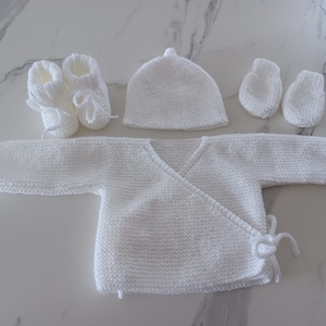 3 or 4 piece set, bra, booties, hat, mittens, white color, baby girl or boy layette, size 0/1 month