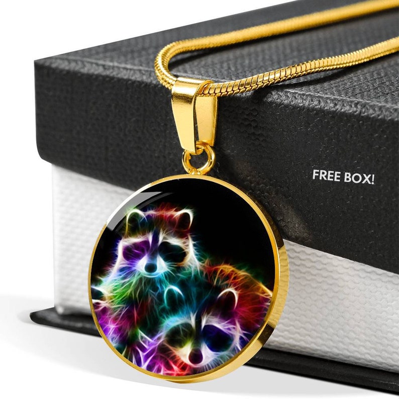 Raccoon Wildlife Fractal Necklace Custom Engraved 18k Gold Silver Circle Charm Gifts Personalized Animal Pendant Necklace