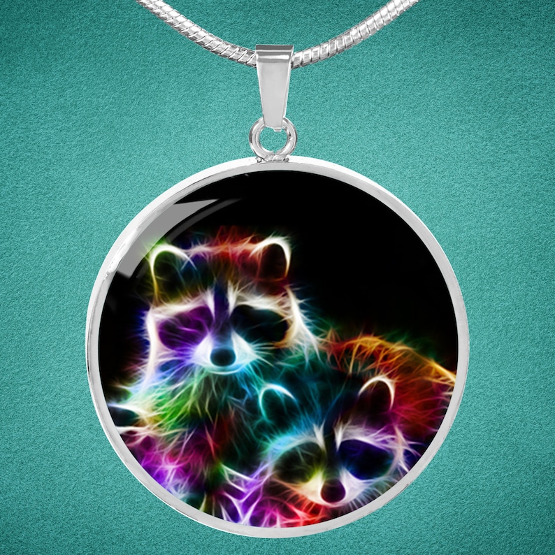 Raccoon Wildlife Fractal Necklace Custom Engraved 18k Gold Silver Circle Charm Gifts Personalized Animal Pendant Necklace