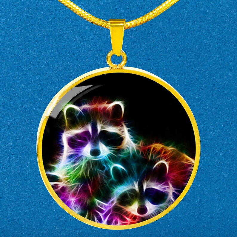 Raccoon Wildlife Fractal Necklace Custom Engraved 18k Gold Silver Circle Charm Gifts Personalized Animal Pendant Necklace