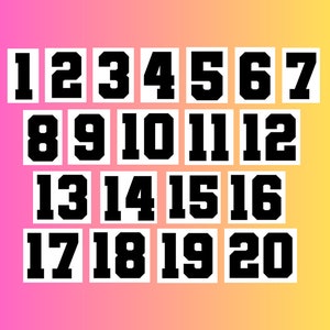 May include: Black and white numbers 1 through 20 in a bold, blocky font, arranged in four rows of five numbers each.