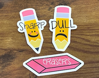 Sharp Dull Pencils and Erasers Sticker Set - Waterproof Cup Labels for Teachers - Back to School Classroom Organization