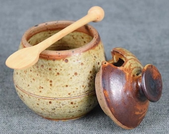 Vintage French Stoneware Mustard Pot with Spoon