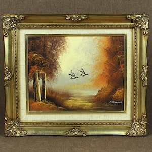ヴィンテージフランスオリジナル風景油絵 - 「Paysage d'étang en automne」