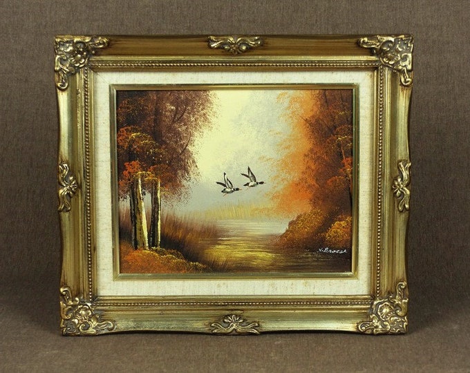 Featured listing image: Vintage French Original LANDSCAPE Oil Painting - "Paysage d'étang en automne"
