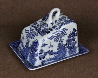 LARGE Vintage Blue Willow Pattern Cheese Dish with Lid