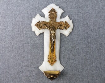 Antique French Onyx Crucifix Holy Water Font