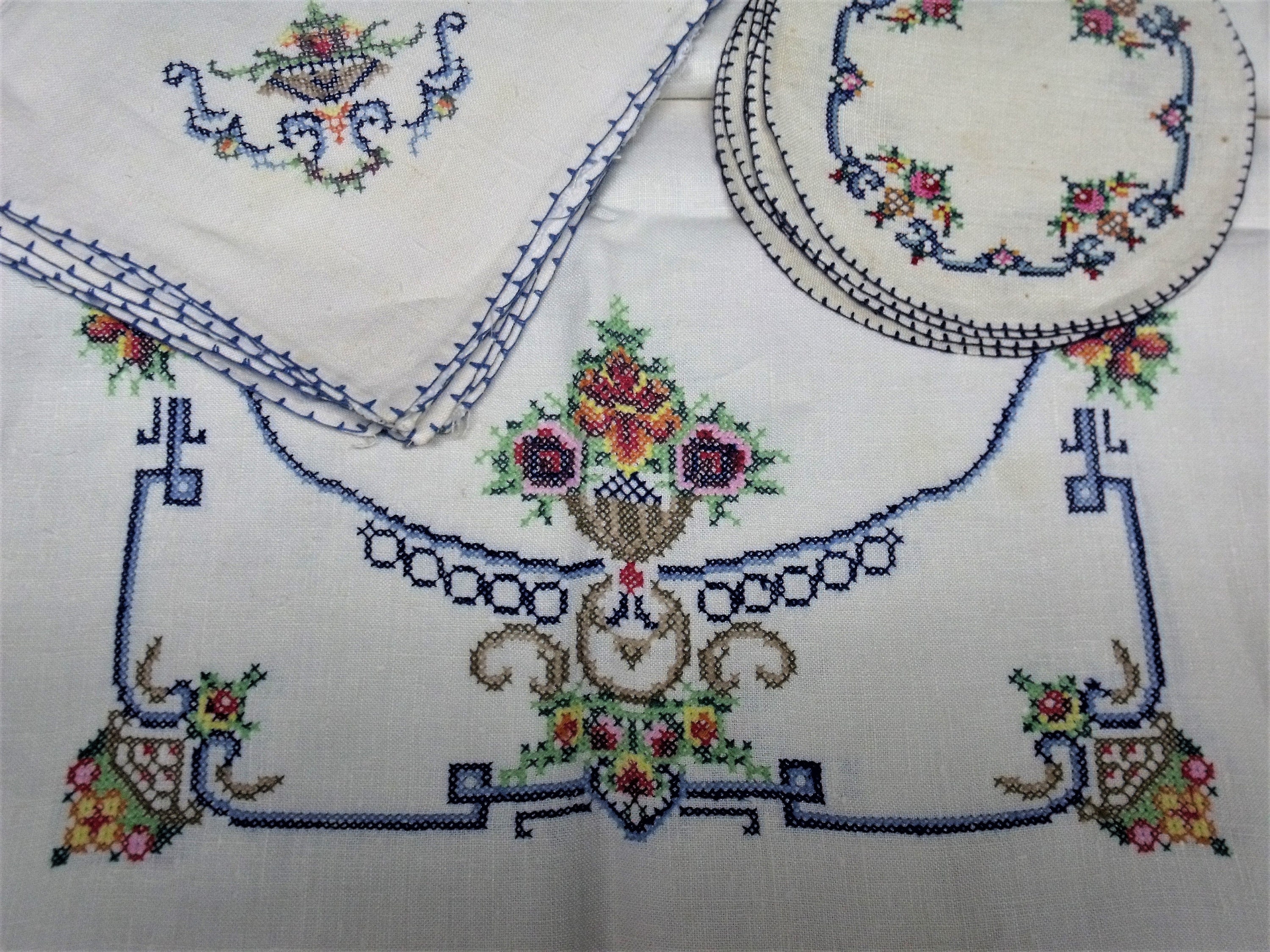 Vintage French Breton Hand Embroidered Table Linen Set