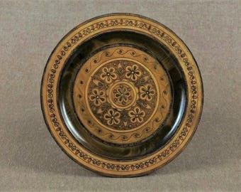 Vintage ZAKOPANE Wooden Platter with Inlaid Copper