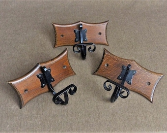 Vintage French Oak & Wrought Iron Coat Hooks