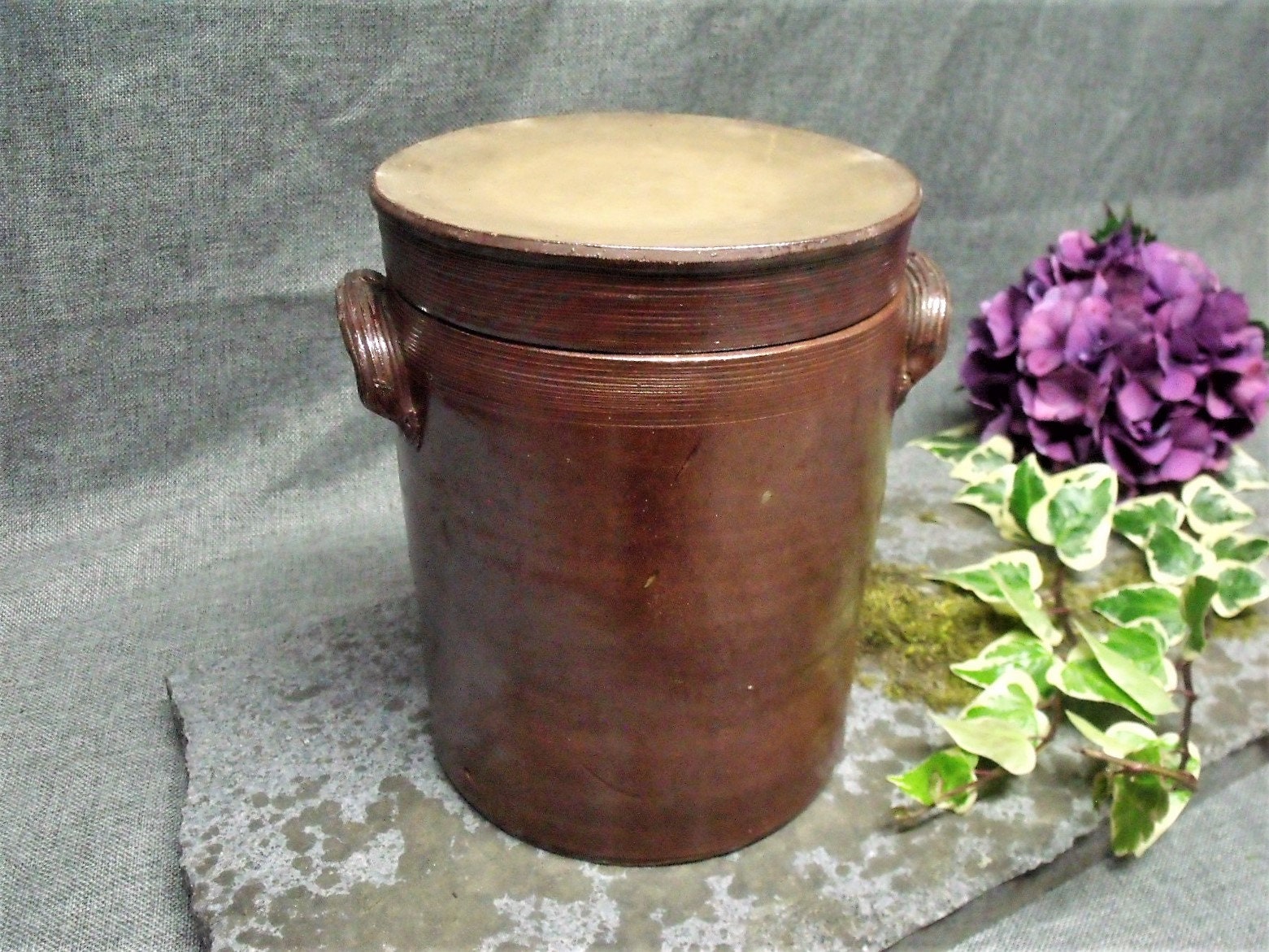 LARGE Antique French Stoneware Crock with Lid