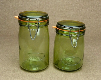 2 x Vintage French &quot;L’IDEALE&quot; Green Glass Canning Jars