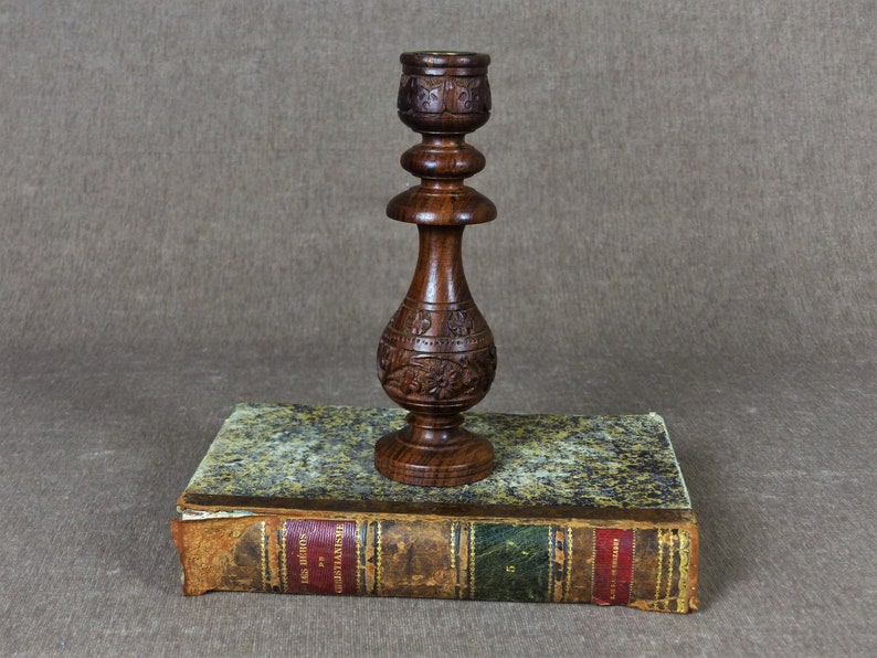 Vintage Hand Carved Wood Candlestick image 1