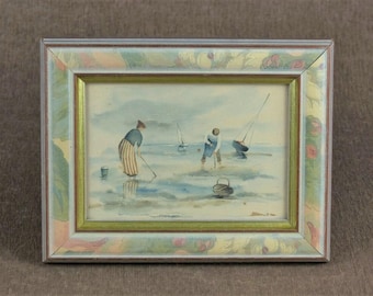Vintage French Coastal Watercolor Print - "Les Pêcheurs de Coquillages"