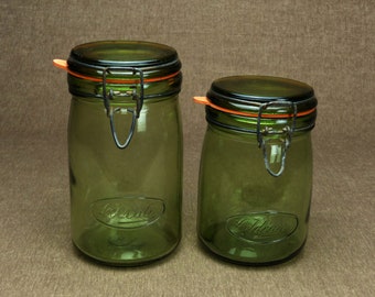 2 x Vintage French "L’IDEALE" Green Glass Canning Jars