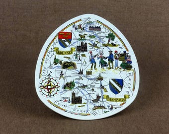 Vintage French Souvenir Plate - CHAMPAGNE - ARDENNES Regional Map