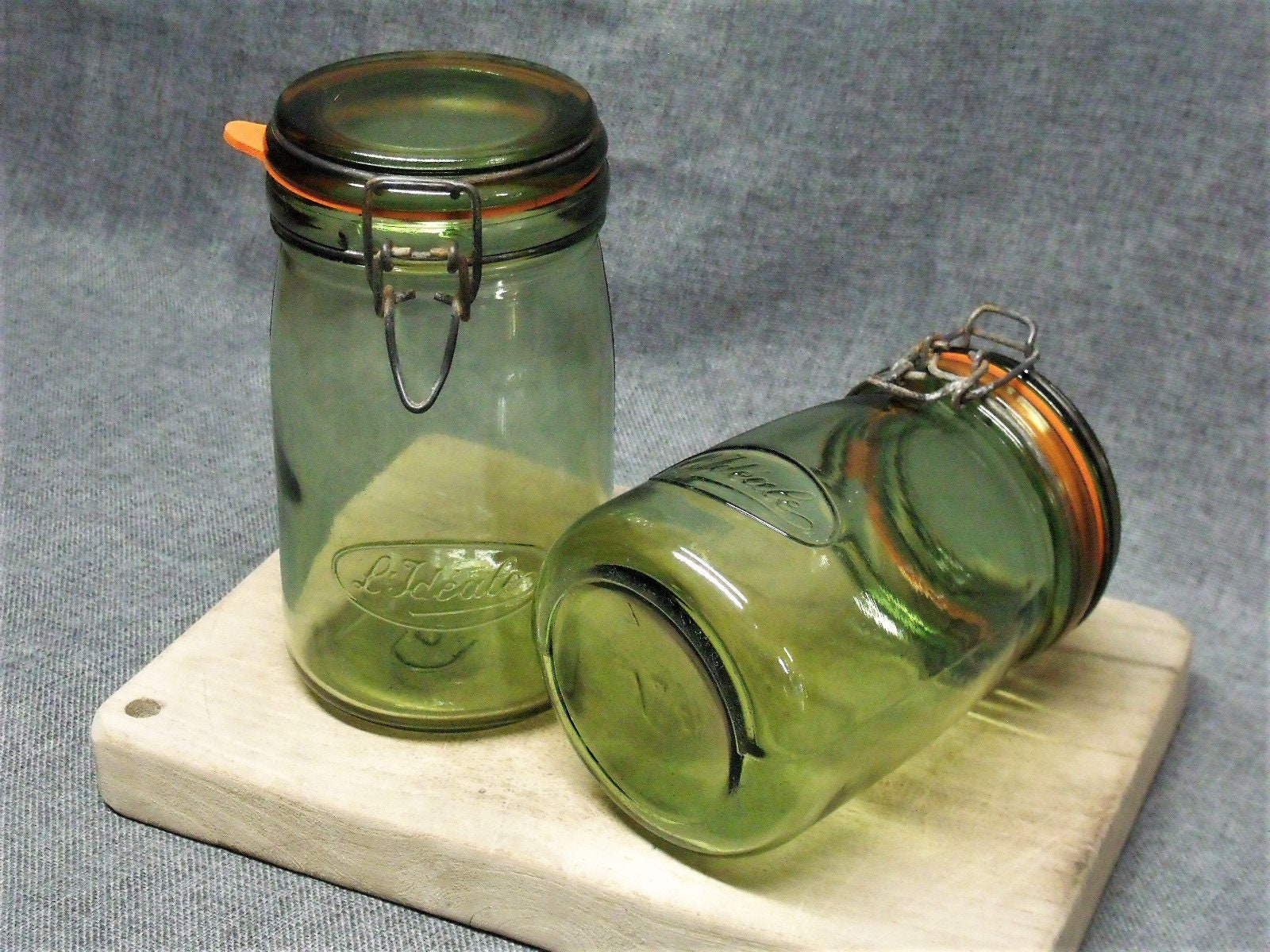 2 x Vintage L’IDEALE Green Glass Canning Jars