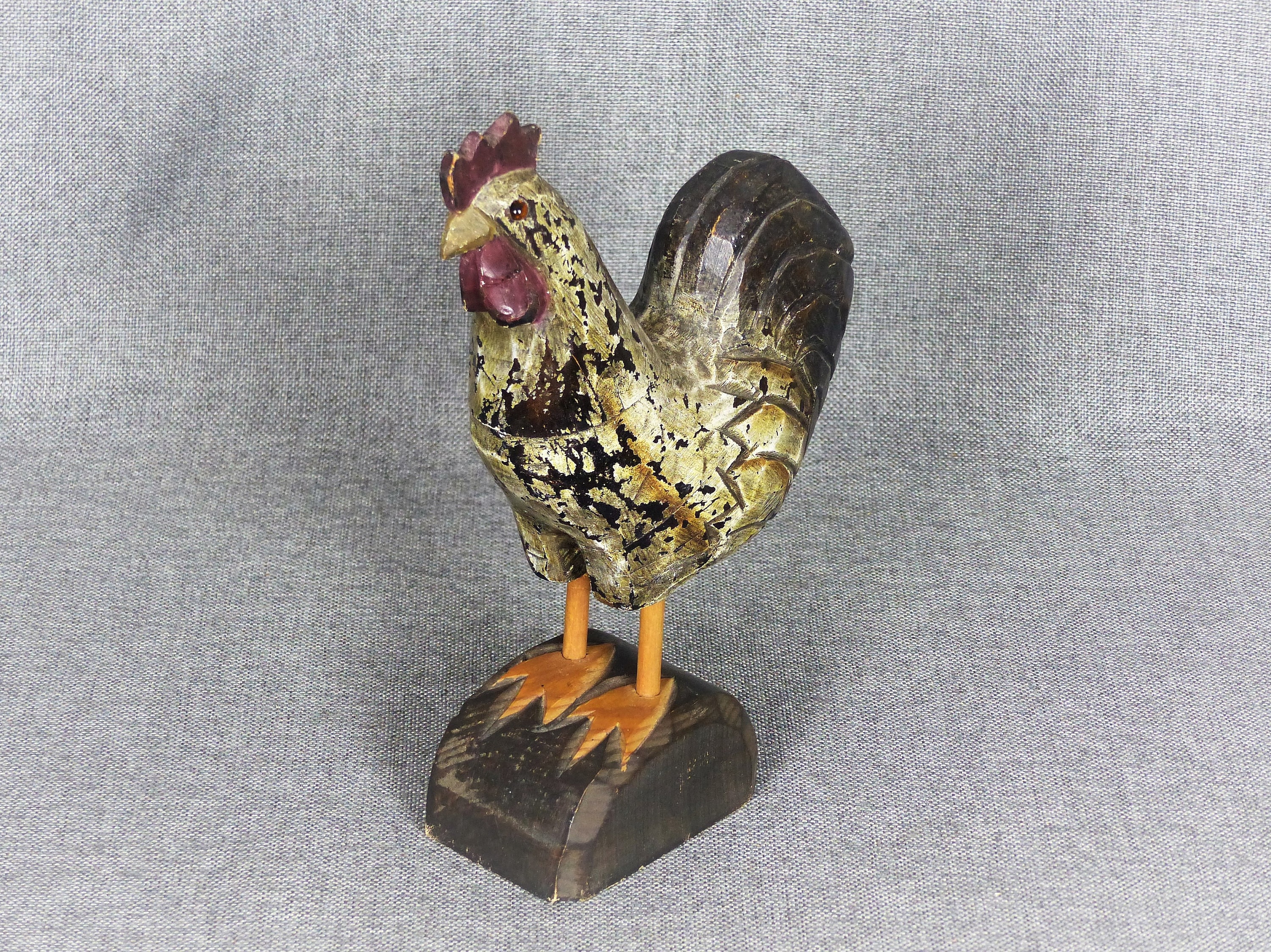 Art Populaire Vintage Coq en Bois Sculpté