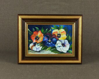 Vintage French Original Acrylic Painting - "Nature Morte Aux Fleurs Pensées"