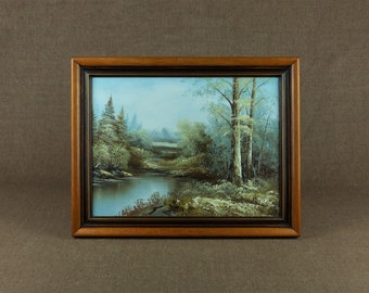 Vintage French Original LANDSCAPE Oil Painting - "Paysage avec rive d'un fleuve"