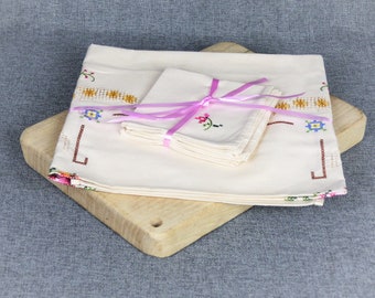 Vintage French Breton Hand Embroidered Table Linen Set