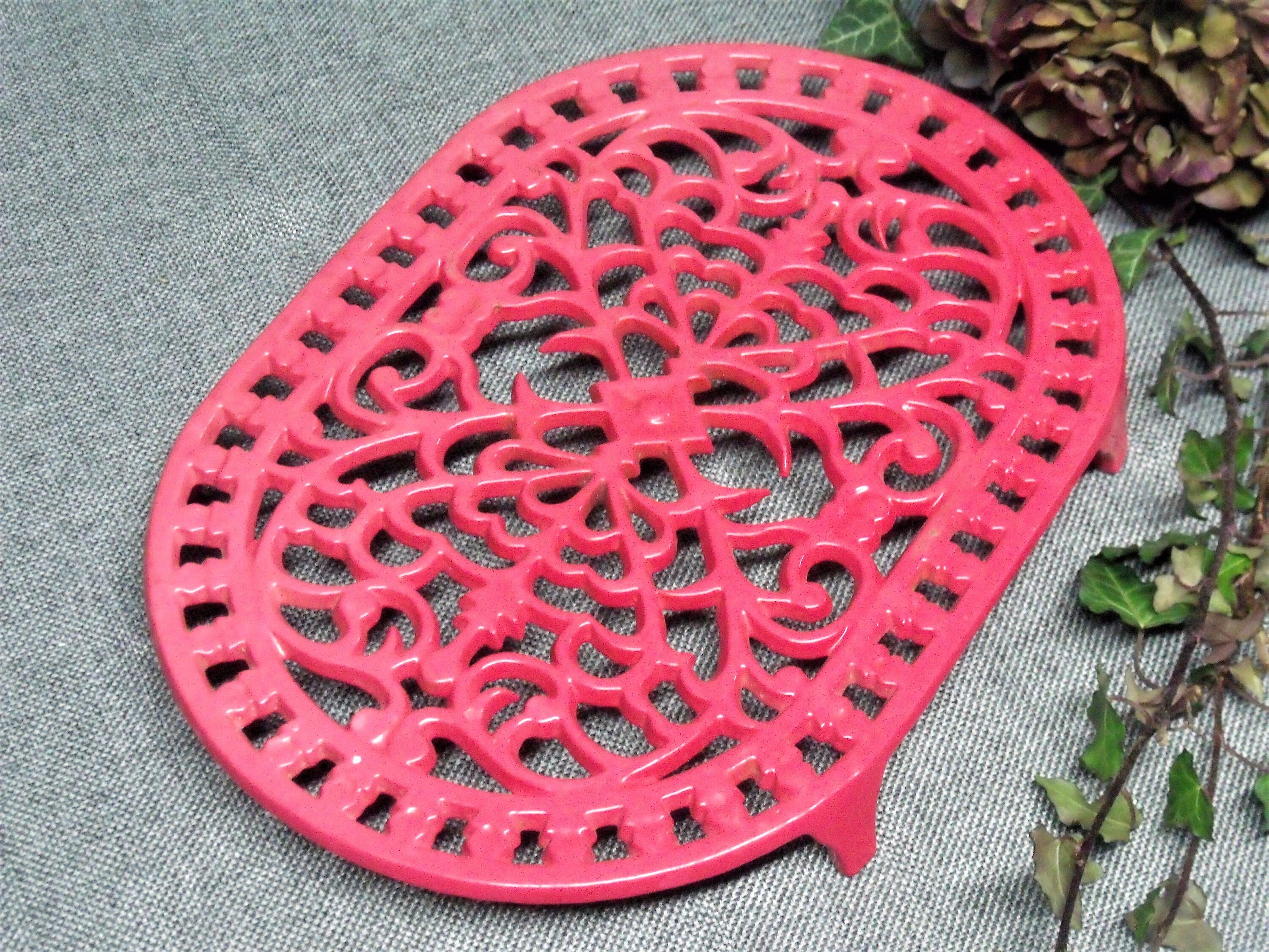 Vintage French Red Enamel Cast Iron Trivet.