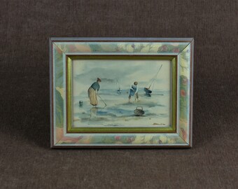 Vintage French Coastal Watercolor Print - "Les Pêcheurs de Coquillages"