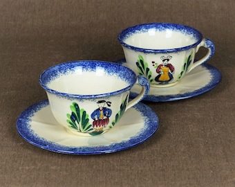 Pair of Vintage French "PETIT BRETON" Cups & Saucers - Faïencerie de Pornic