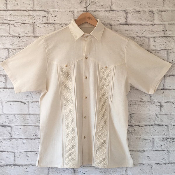 Handmade Men's Off White Mexican Guayabera Shirt - Sizes: Small, Medium, Large & XL - Handmade in Chiapas, Mexico - Men's Mexican Clothing