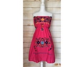 Womens Embroidered Strapless Pink Mexican Dress - Size Medium - Made in Chiapas, Mexico