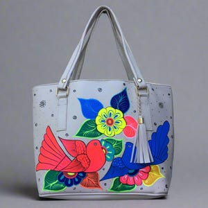 Hand Painted Mexican Tote Bag Purse Handbag - Synthetic Vegan Leather Bag