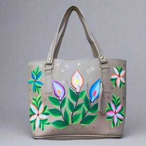 Hand Painted Mexican Tote Bag Purse Handbag - Synthetic Vegan Leather Bag