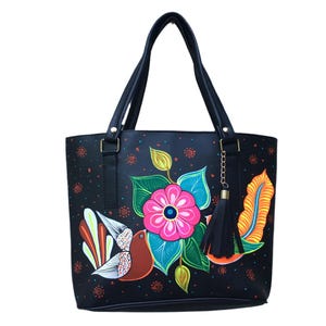Hand Painted Mexican Tote Bag Purse Handbag - Synthetic Vegan Leather Bag
