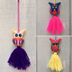 Borla de búho de fieltro mexicano bordada a mano con pompón - Regalo de búho - Decoración de búho