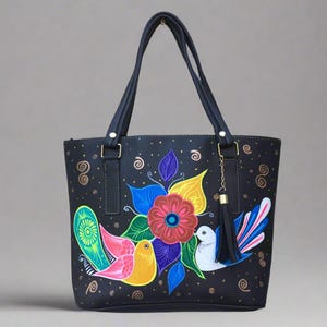 Hand Painted Mexican Tote Bag Purse Handbag - Synthetic Vegan Leather Bag