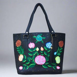 Hand Painted Mexican Tote Bag Purse Handbag - Synthetic Vegan Leather Bag
