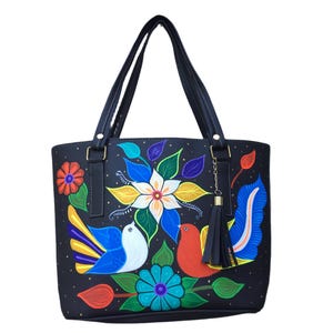 Hand Painted Mexican Tote Bag Purse Handbag - Synthetic Vegan Leather Bag