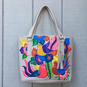 Hand Painted Mexican Tote Bag Purse Handbag - Synthetic Vegan Leather Bag