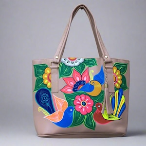 Hand Painted Mexican Tote Bag Purse Handbag - Synthetic Vegan Leather Bag