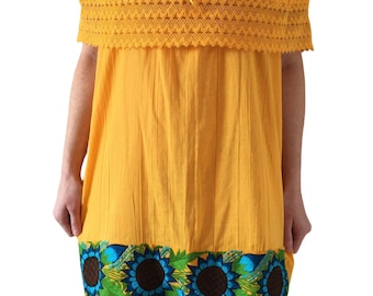 Handmade Women&#39;s Yellow Off the Shoulder Embroidered Mexican Dress - Size Medium - Mexican Wedding - Mexican Fiesta Dress - Vestido Bordado
