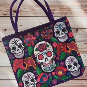 Handmade Mexican Sugar Skull Embroidered Tote Bag - Women&#39;s Purses & Handbags