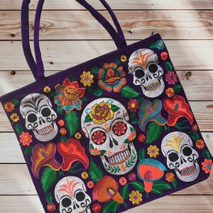 Handmade Mexican Sugar Skull Embroidered Tote Bag - Women&#39;s Purses & Handbags