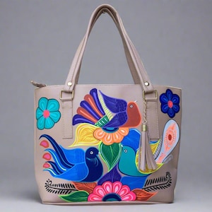 Hand Painted Mexican Tote Bag Purse Handbag - Synthetic Vegan Leather Bag